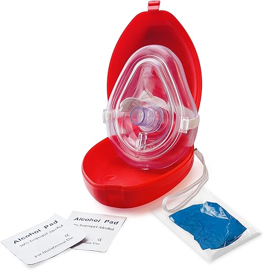 Medical CPR Mask - CPR Pocket Resuscitator Mask, Oxygen Inlet, Elastic Head Strap, Clamshell Case, Antiseptic Prep Pads, and Gloves - Suitable for Adults/Child - 1 Pack