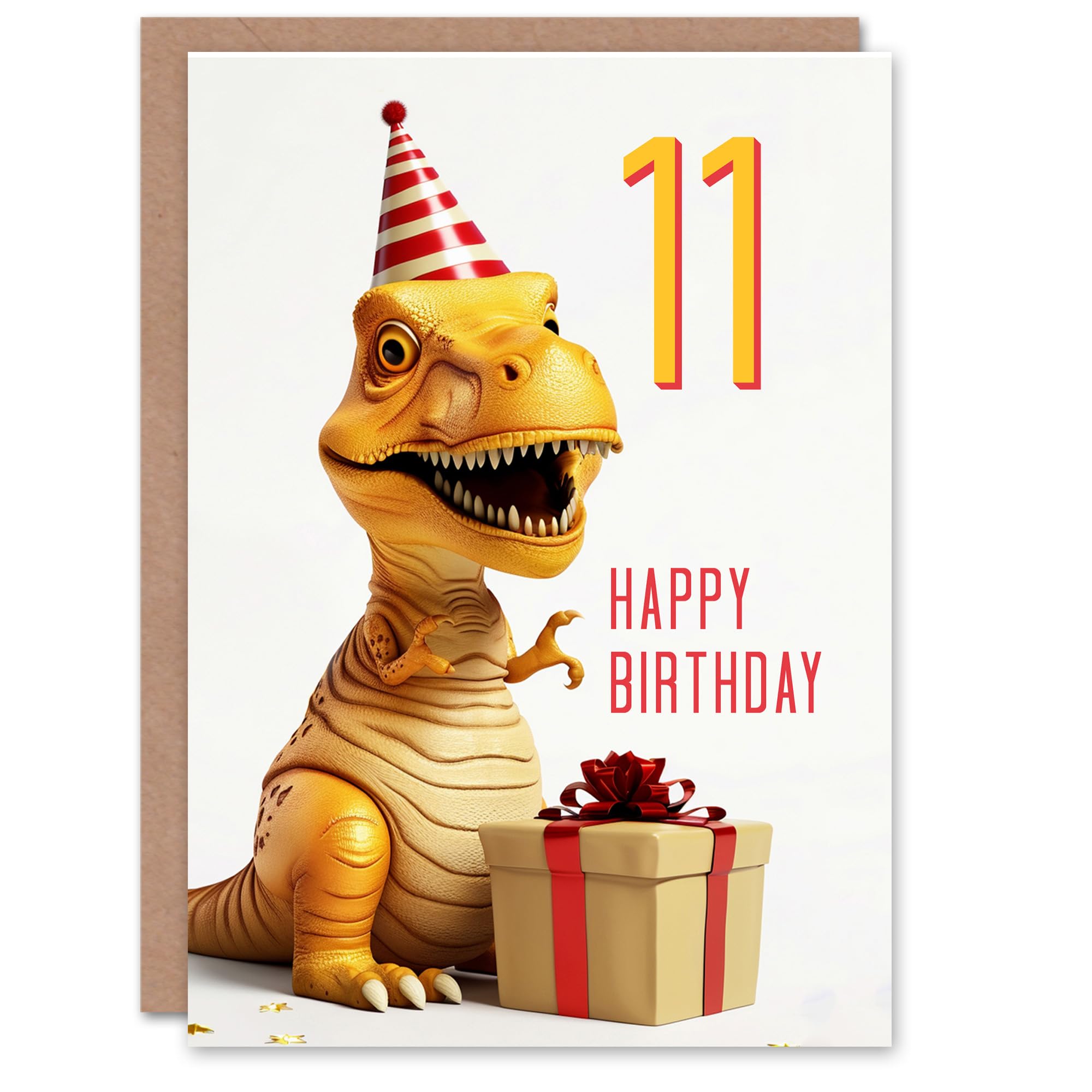 Artery8 Kids Age 11 Birthday Card - T-Rex Dinosaur Party Hat - White