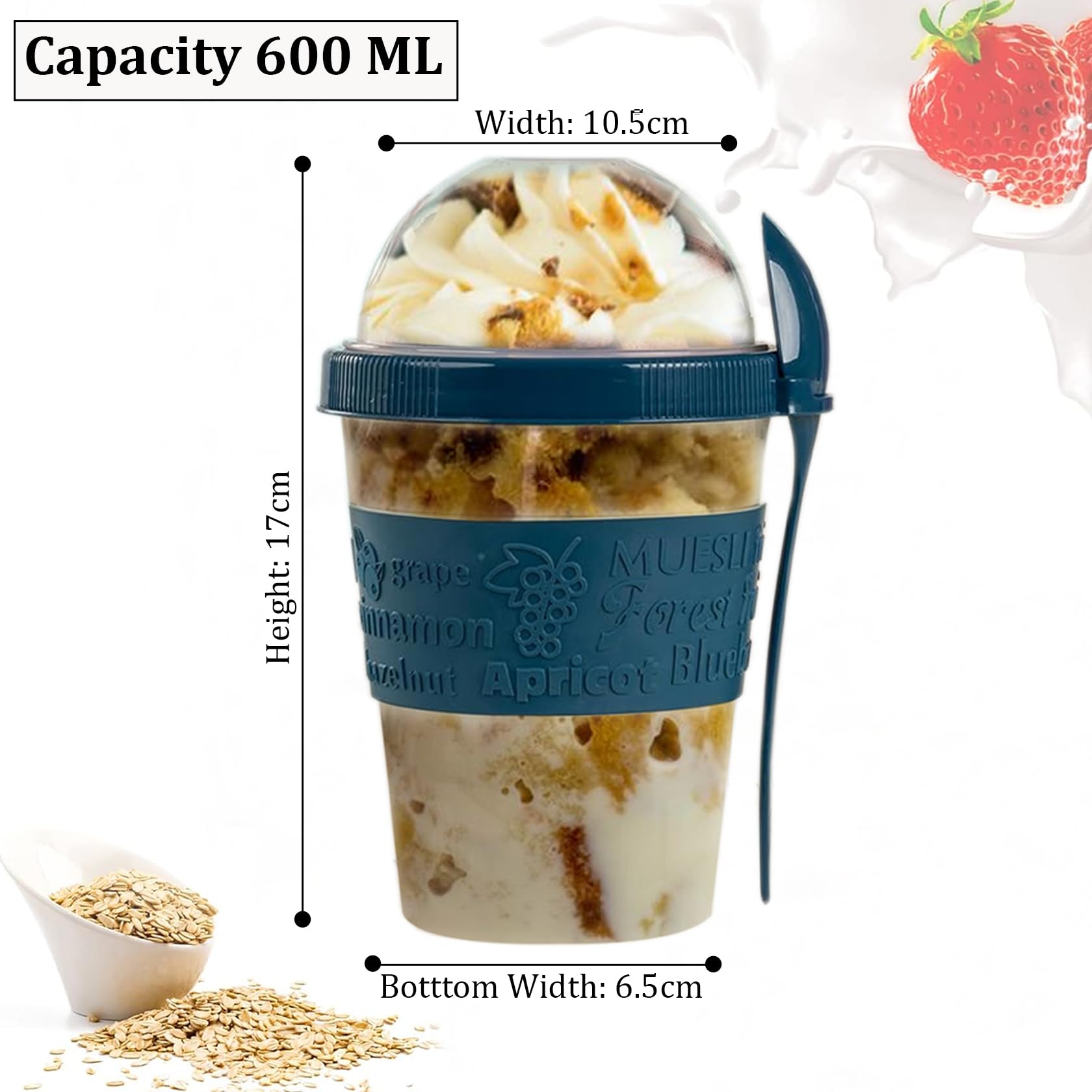 SAFRI 600ml Over Night Oats Container Reusable Yogurt Cups 100% BPA Free Breakfast On The Go Cereal Yogurt Pot with Lids and Spoon (Set 4) - Image 3