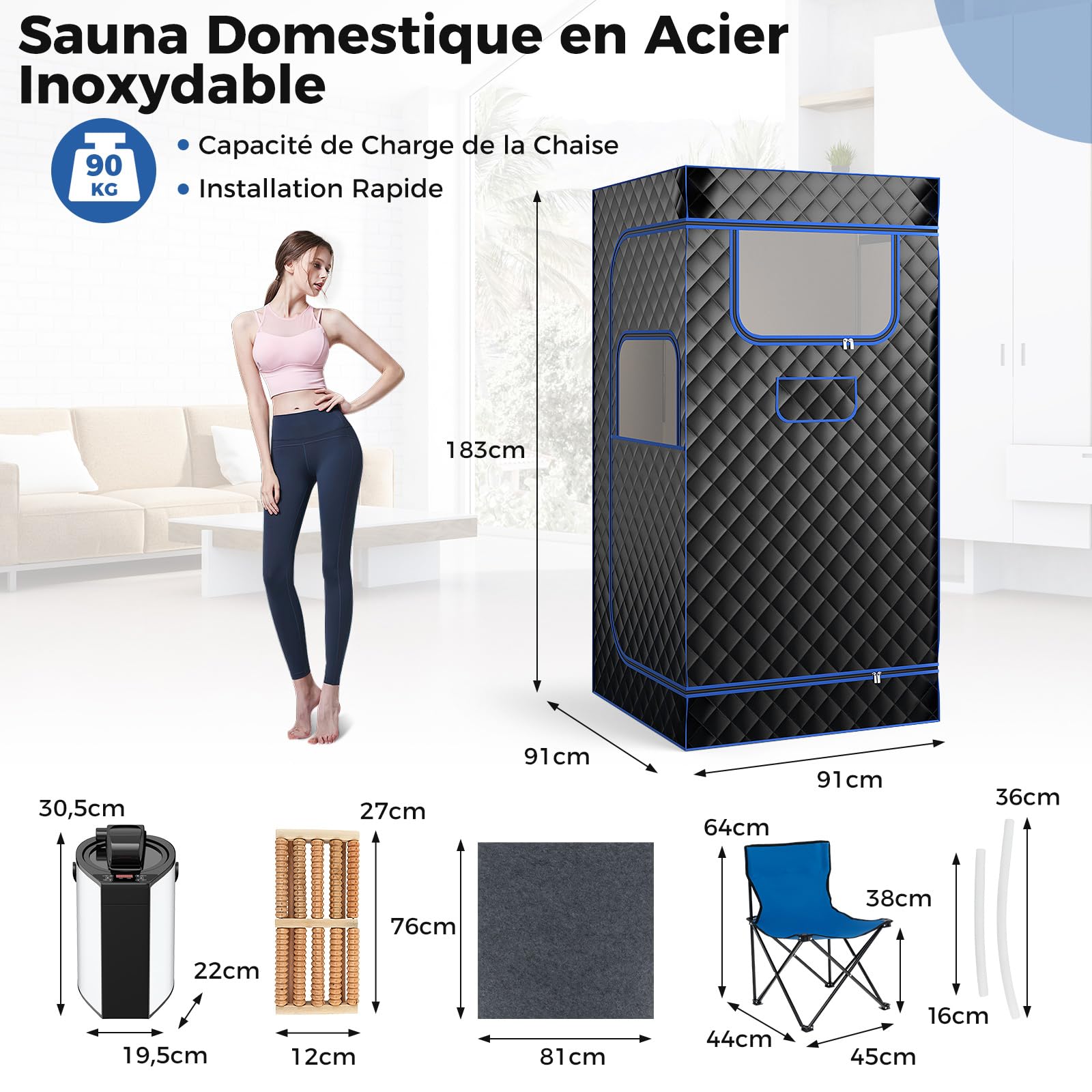 COSTWAY Sauna à Vapeur Portable 3L avec Chaise Pliable pour Tout le Corps, Tente de Sauna pour 1 Personne avec 9 Niveaux Température Masseur de Pieds Minuterie, pour Relaxation à la Maison (Noir)