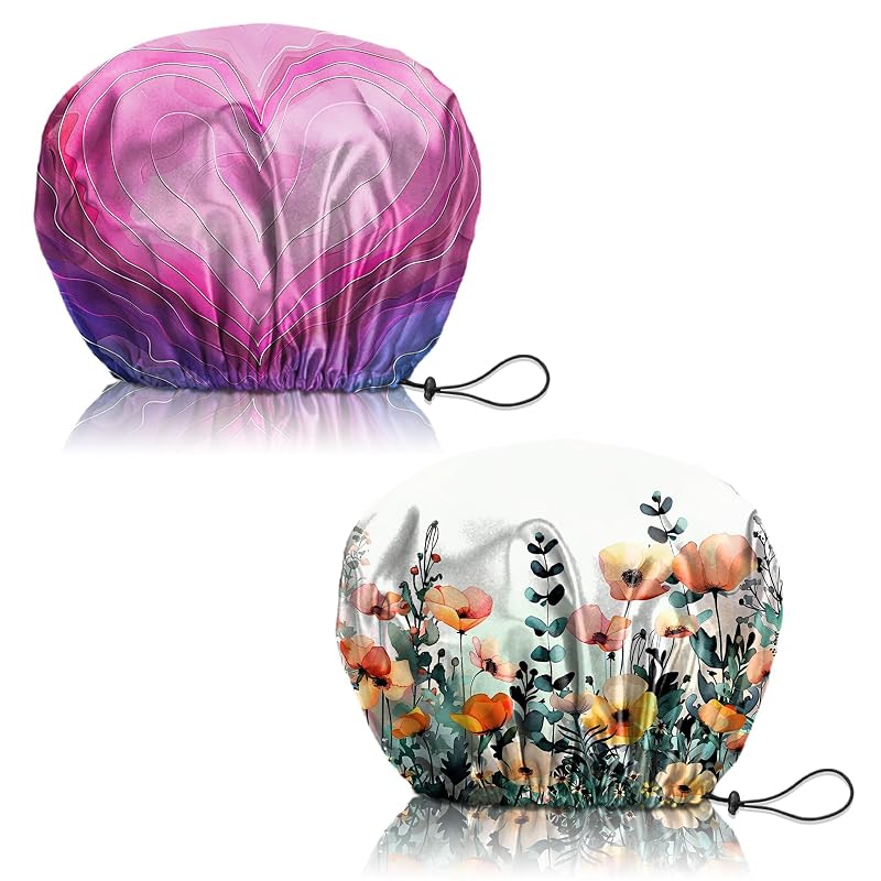 Touca de banho Deokke reutilizável com camada dupla, ajuste elástico e estampa Coração e Flor, pacote com 2