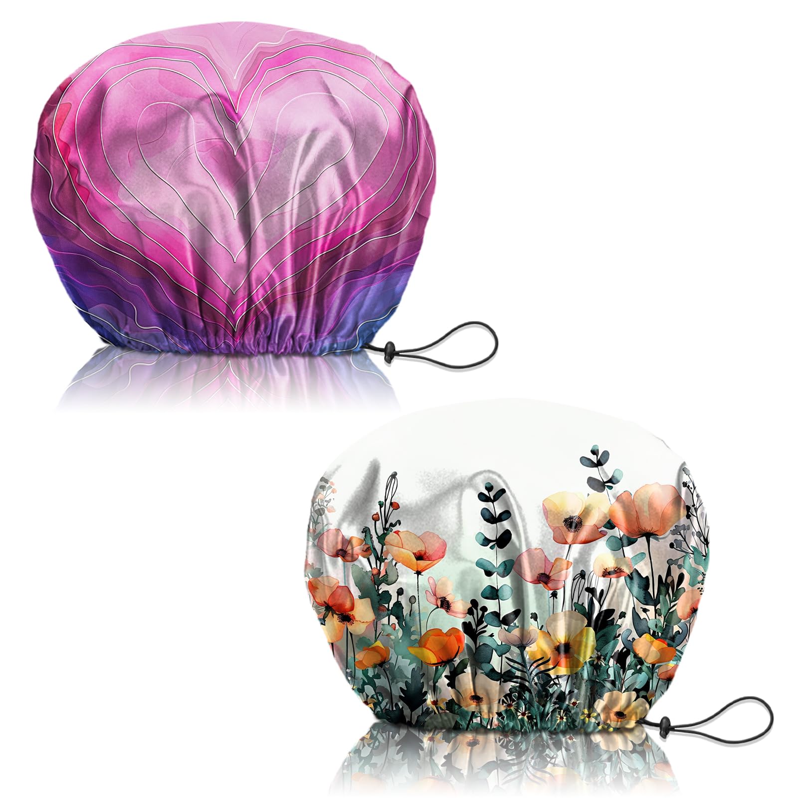 Deokke 2 PCS Shower Cap Reusable Large Waterproof Adjustable Double Layer Elastic Dry Hair Bathing Caps Aesthetic Cute for Women Girls (Q15-Heart Flower)