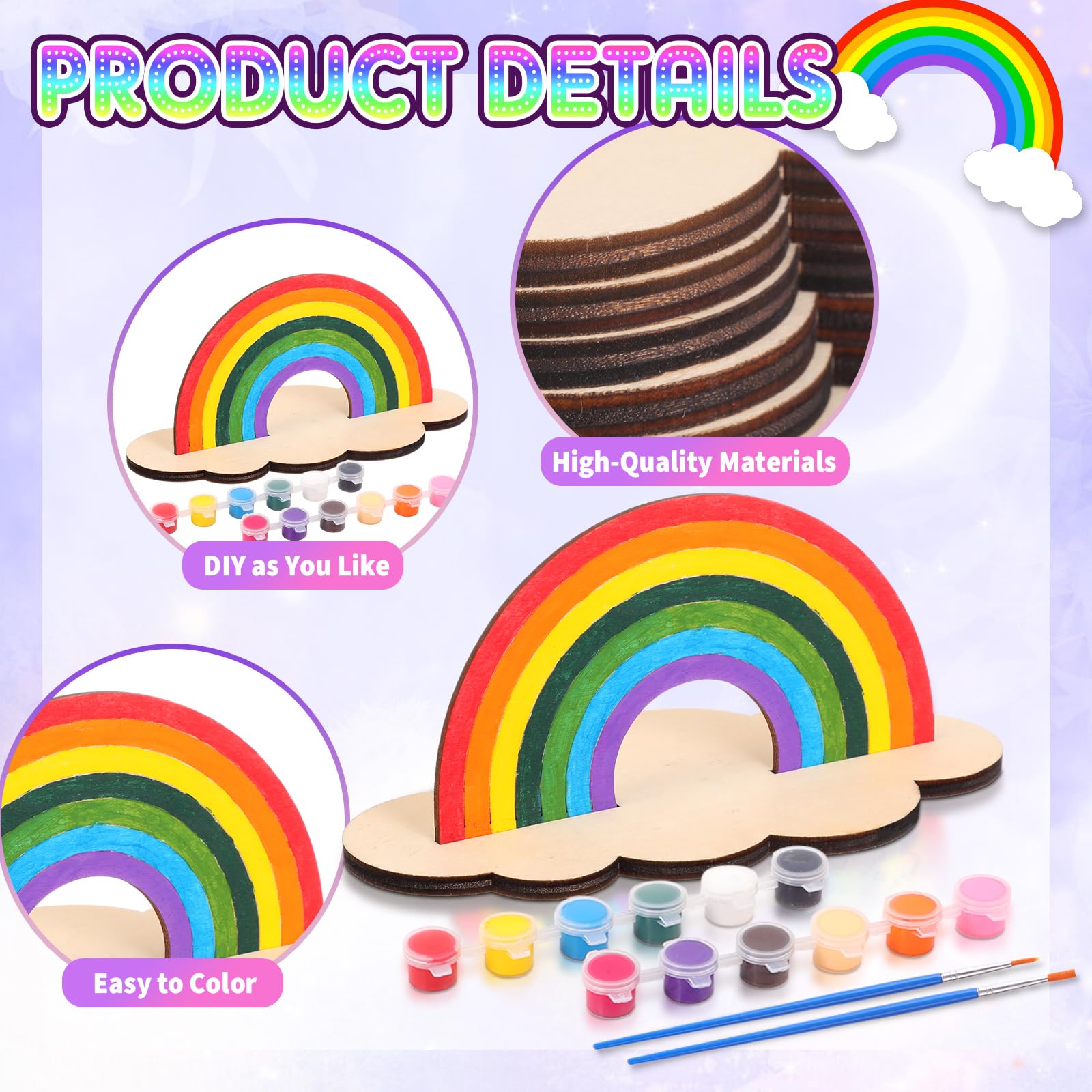 Blueweenly Set di 24 set di pennelli per pittura arcobaleno per bambini, per bomboniere, kit di pennelli per pittura in legno, regali di ritorno per feste di compleanno, forniture per lezioni, kit