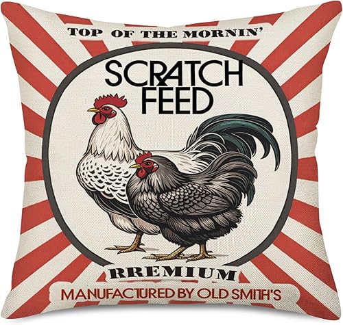 Funda de cojín decorativa de lino y algodón para aves de corral, estilo vintage, para el hogar, granja, 18 x 18 pulgadas (alimentación de rayas)
