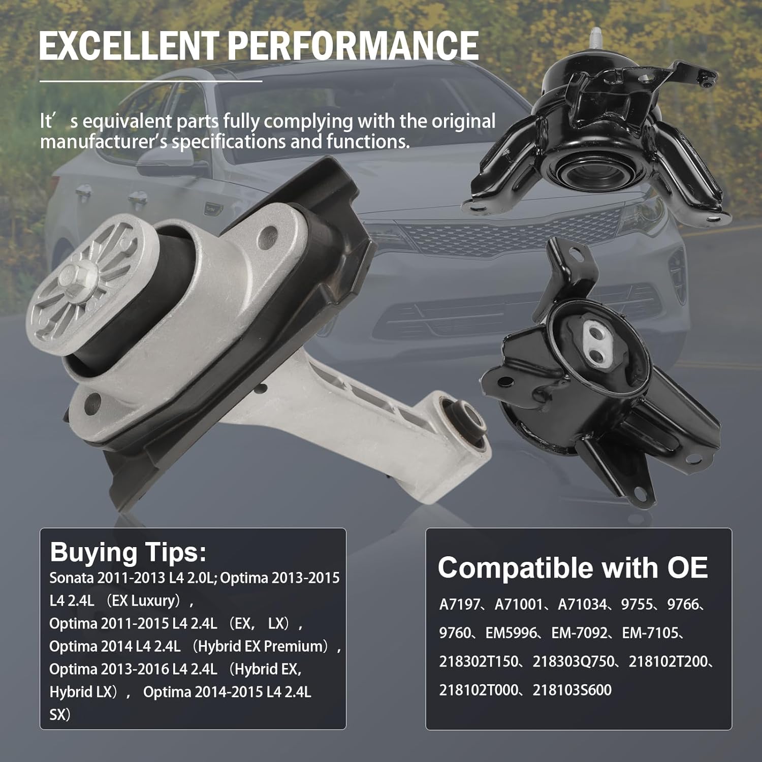 3PCS Engine Motor Transmission Mount & Torque Strut Mount Set for Sonata 2011-2013 2.0L & Optima 2011-2016 2.4L A71034, A71001, A7197