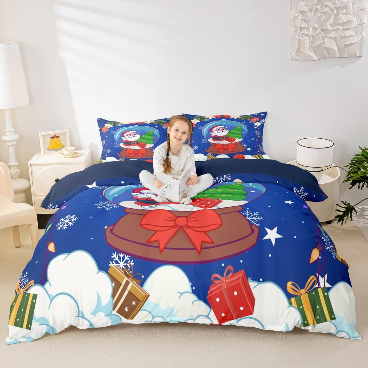 Homewish Święty Mikołaj Boże Narodzenie niebieski king size zestawy poszewek na kołdrę kokarda kokarda płatek śniegu kwiatowa pościel ostrokrzew kryształowa kula kwiaty czerwona poszewka na kołdrę