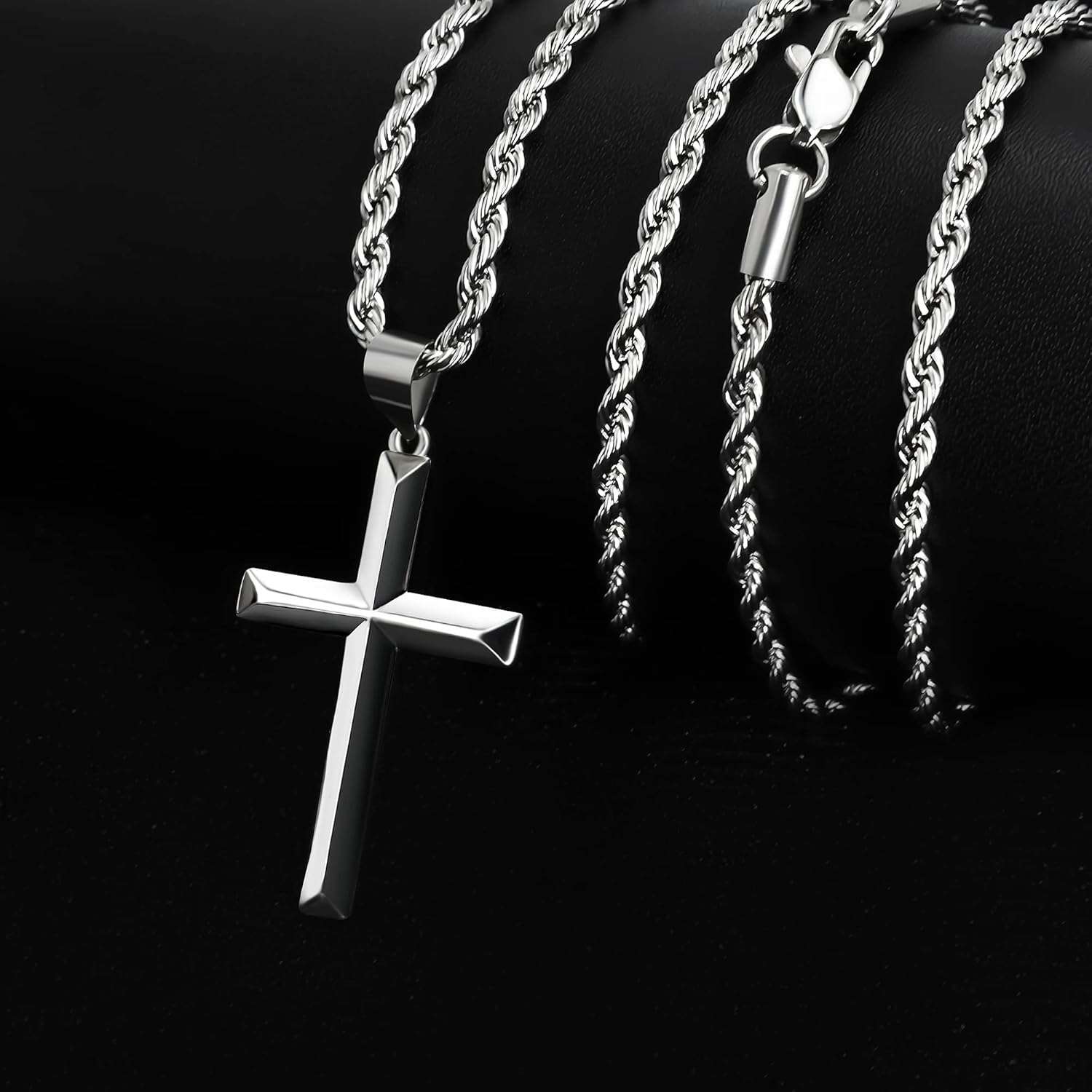 925 Sterling Silver Cross Necklace for Men with 3.5mm Stainless Steel Twist Clasp Rope Chain Necklace Beveled Edge Cross Pendant Necklace for Men Women 16-28 Inches - Image 8