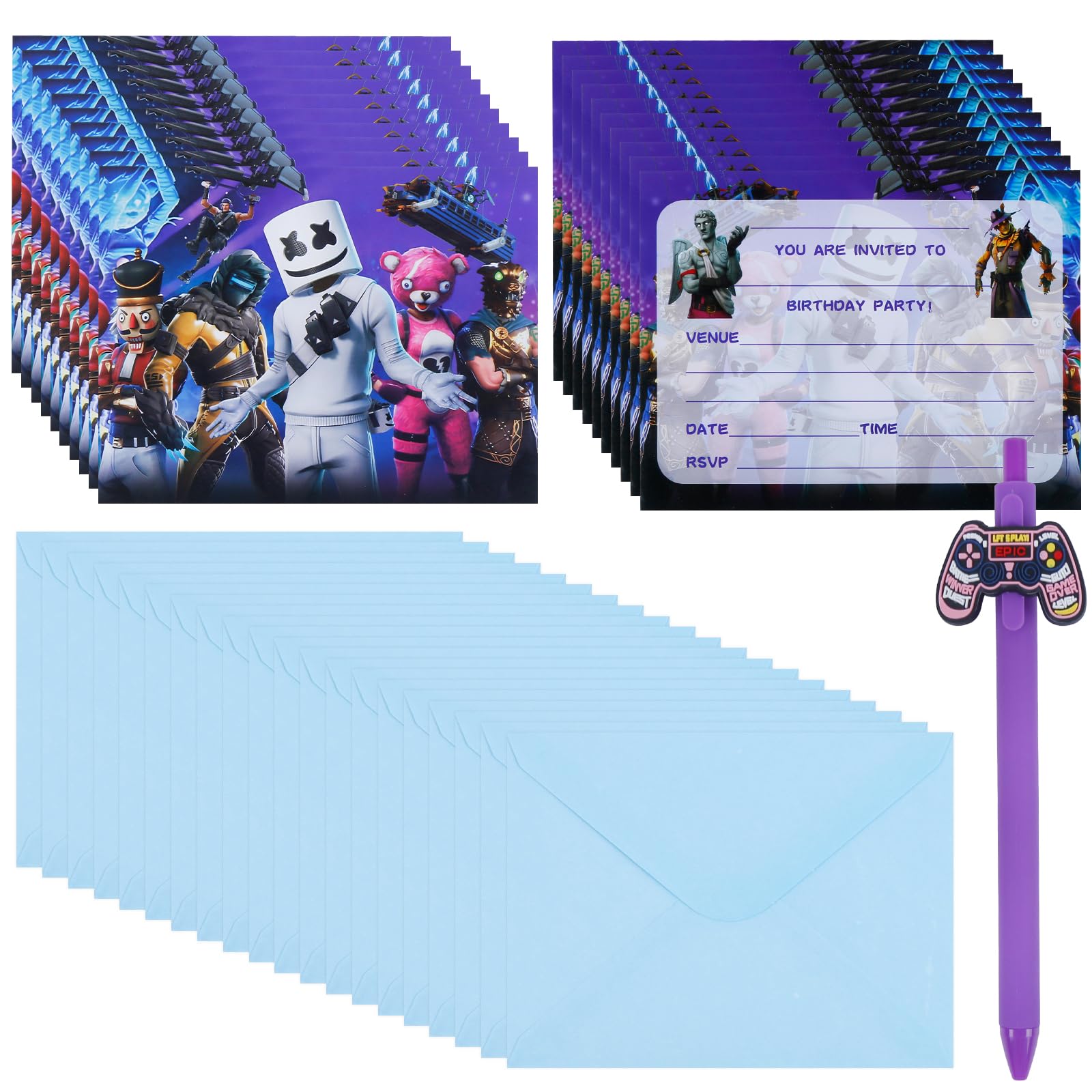 20PCS For-nit Party Invitations Kids+ 1Pcs Kawaii Gel Pen, Cartoon Birthday Invitations,Kids Party Invites with 20 Envelopes,Invite Cards Birthday Supplies Double Sided Invites Cards for Boys Girls