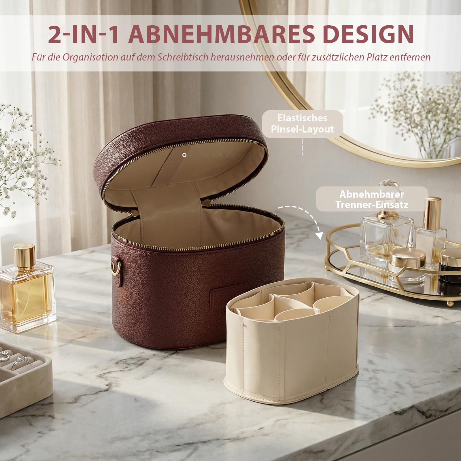 Kosmetiktasche Damen, Make Up Tasche für Frauen – Leder Vanity Case mit herausnehmbarer Trennwand, Waschbare Fächer