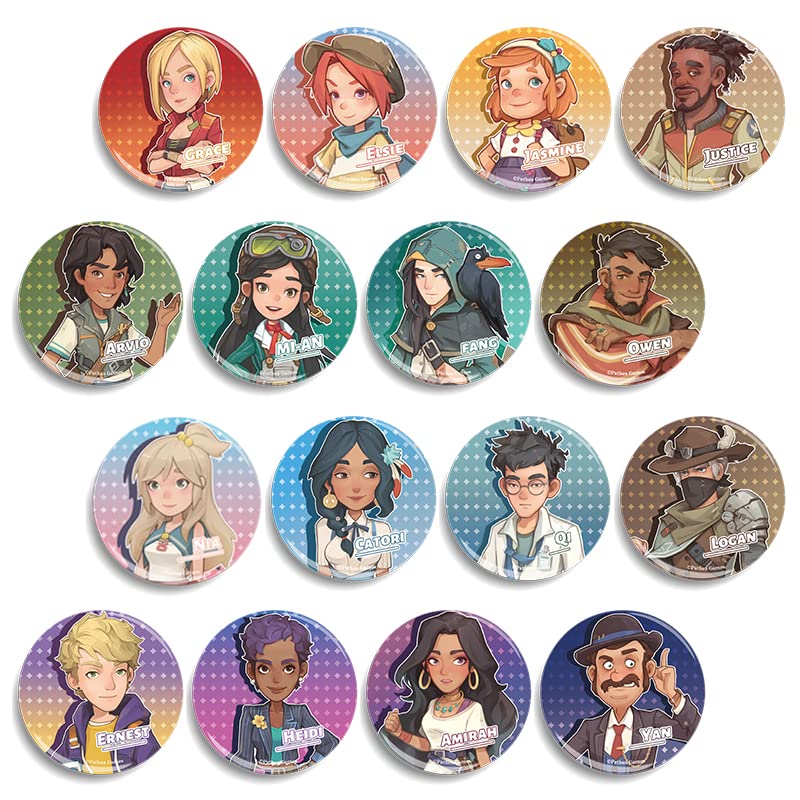 Official My Time at Sandrock Merch Popular Characters Button Badge Set (2.3") (Fang Ernest Grace Elsie), Tinplate, alloy