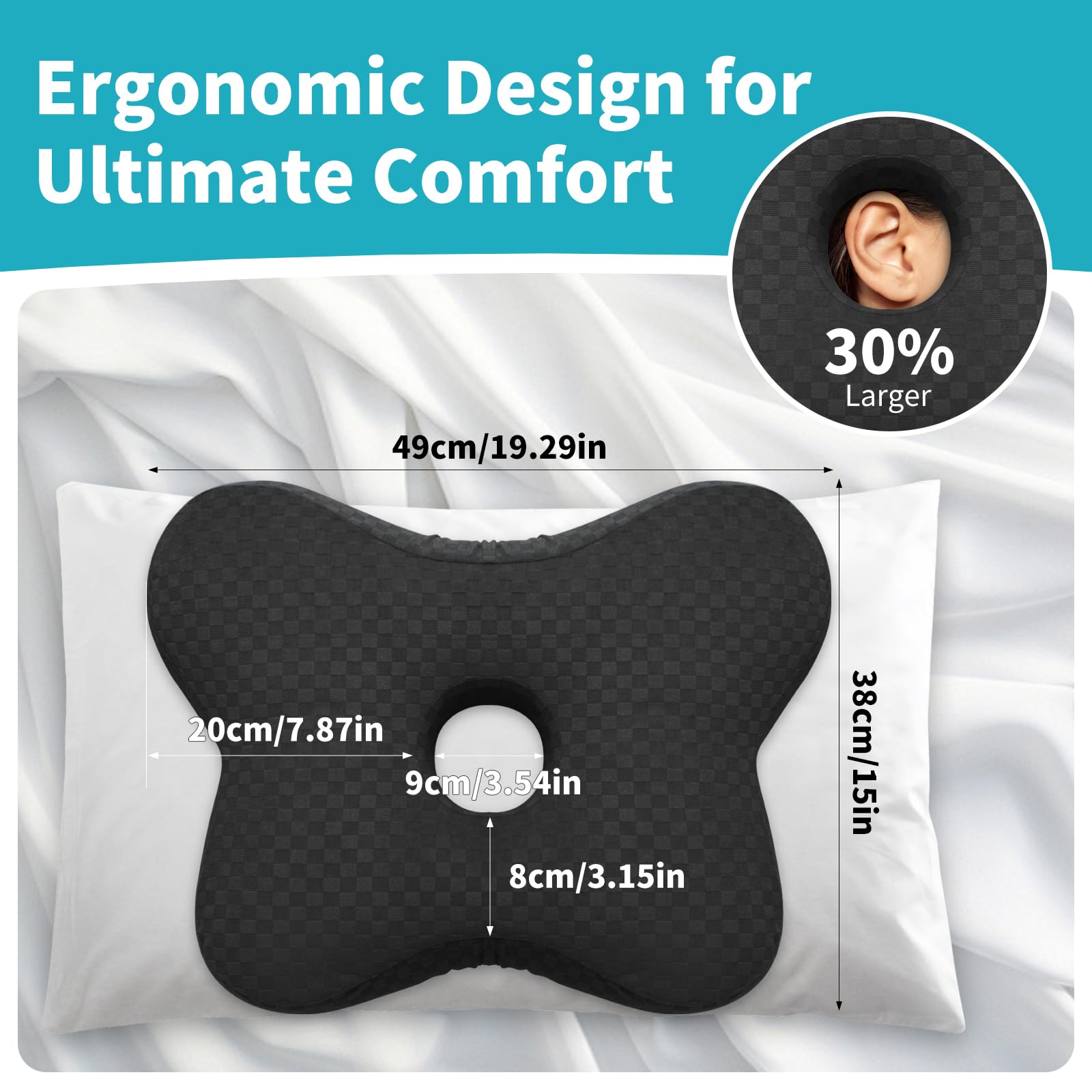 pozico Almohadillas para orejas con agujero, diseño de mariposa, para dormir de lado, almohadillas suaves para el dolor de oído y puntos de presión, relleno de algodón ajustable y funda lavable, color