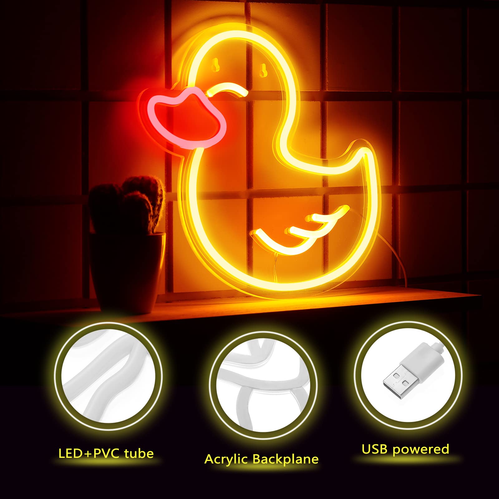 Letrero de neón de pato para baño, lámpara de luz nocturna de pato amarillo, regalo para amantes de patos, luz LED, funciona con USB, decoración de pared colgante para dormitorio, fiesta, 3