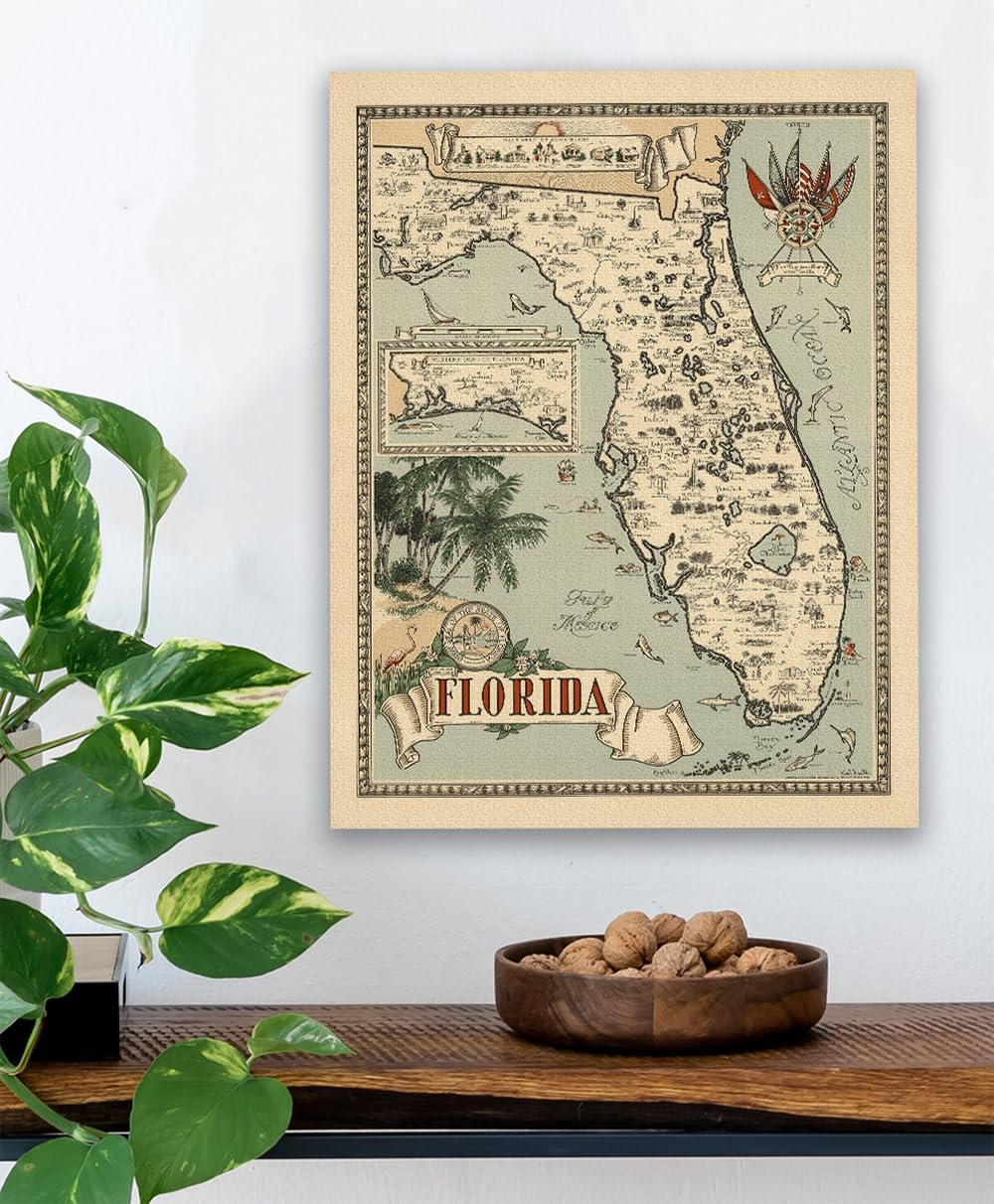 1954 Map of Florida Vintage Art 28x36 Unframed Print - Antique-Style Wall Art for Living Room, Library, Office, Classroom, Study - Illustrated State Map, Historic Landmarks, Gifts for Florida Lovers