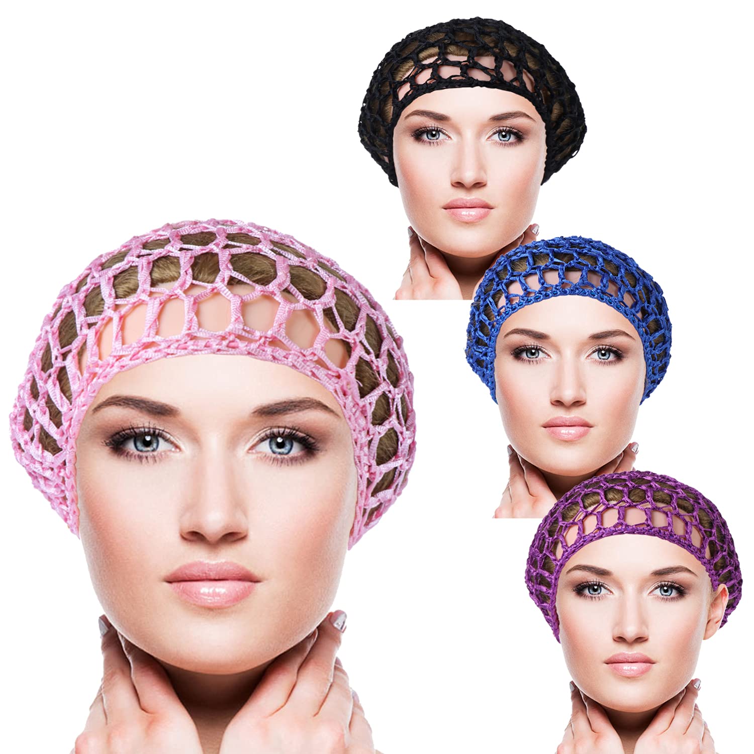 Andy's Orchids 4pcs Crocheted Hair Net, Mesh Crochet Cap, Rayon Snood Hat, Thick Short Hairnet, Women Snoods Cover Ornament for Sleeping, Black/Blue/Pink/Purple