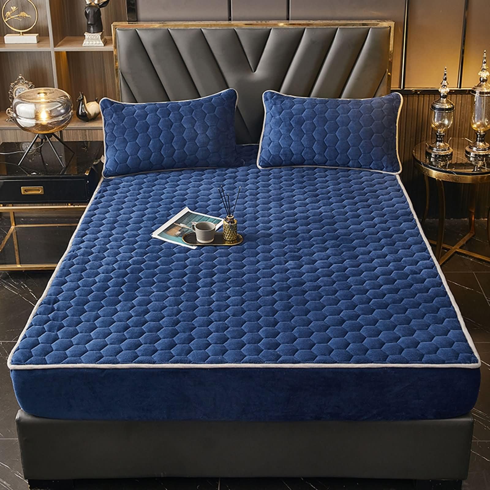 Juego de sábanas bajeras y fundas de almohada tamaño King, sábanas bajeras de fibra de leche y 2 fundas de almohada suaves y transpirables, sin arrugas, fácil cuidado, azul marino, tamaño King (150 x