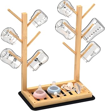 Baby Bottle Drying Rack, Vertical Bamboo Bottle Dryer Holder with Water Absorbent Pad, Space Saving Baby Bottle Organizer for Baby Bottles, Pump Part & AccessoriesNatural, 12 Bottles
