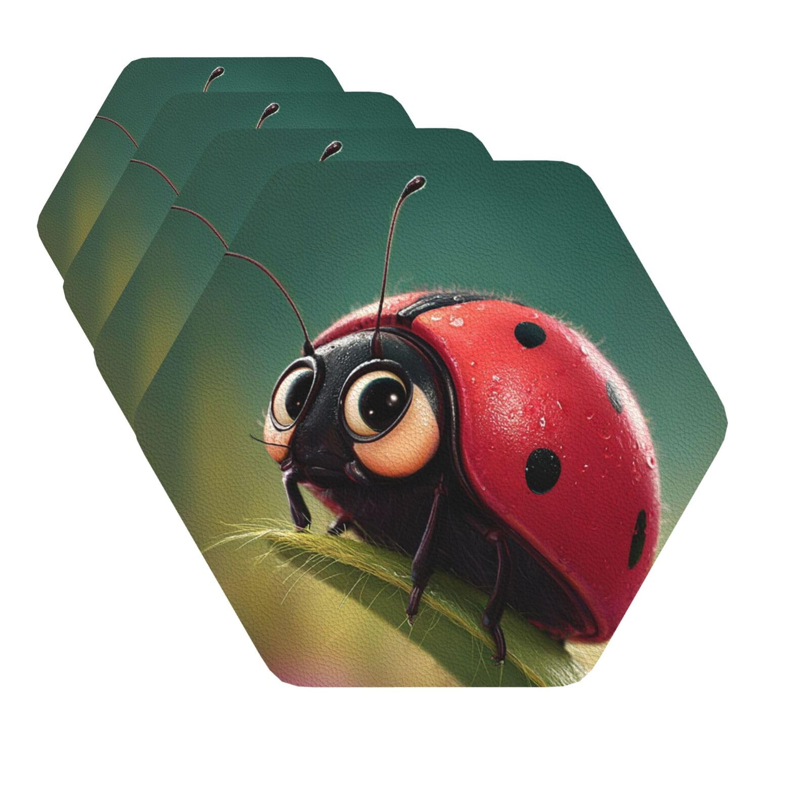 Drink Coasters Set of 4 Quick-Dry Leather Coaster Cartoon ladybug Coasters for Drinks Coffee Cup Mat Tabletop Protection Heat Resistant Coaster for Kitchen Bar Office Home Decor