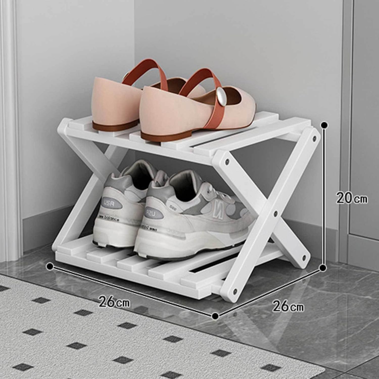DECORN Bamboo Free Standing Shoe Rack for Entryway - Foldable Shoe Organizer Rack - Narrow Shoe Rack For Small Spaces, Entryway, Hallway, Closet,White-2-tier - Image 2