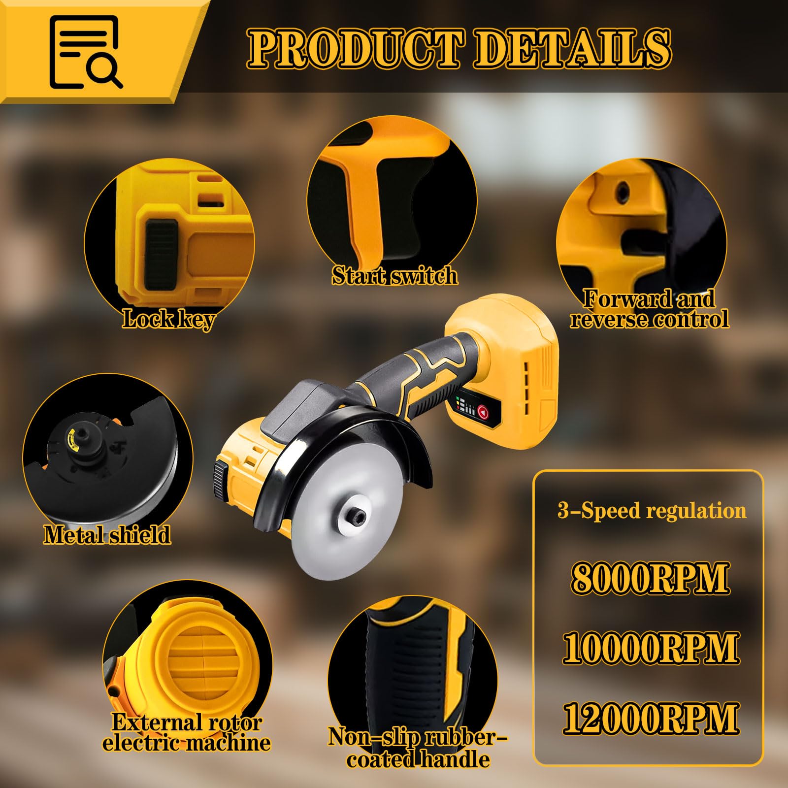 Bezszczotkowa akumulatorowa szlifierka kątowa kompatybilna z Dewalt 20 V, 500 W, 10 cm, mini szlifierka akumulatorowa z 9 ostrzami pił, 3 prędkości dla wydajnego szlifowania (bez baterii) (z płytą