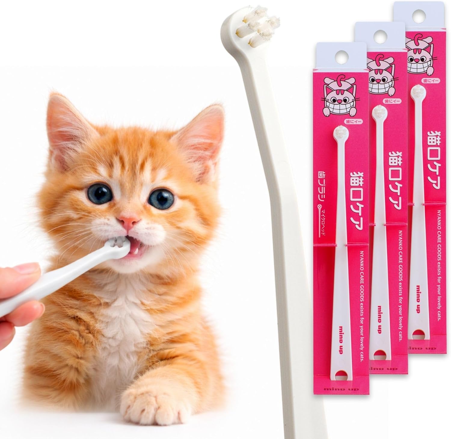 MIND UP Cat Toothbrush with Micro Head, 15° Angled Design for Easier Reach, Pet Toothbrush for Cats & Kittens, Gentle Everyday Brushing, Made in Japan, 3EA