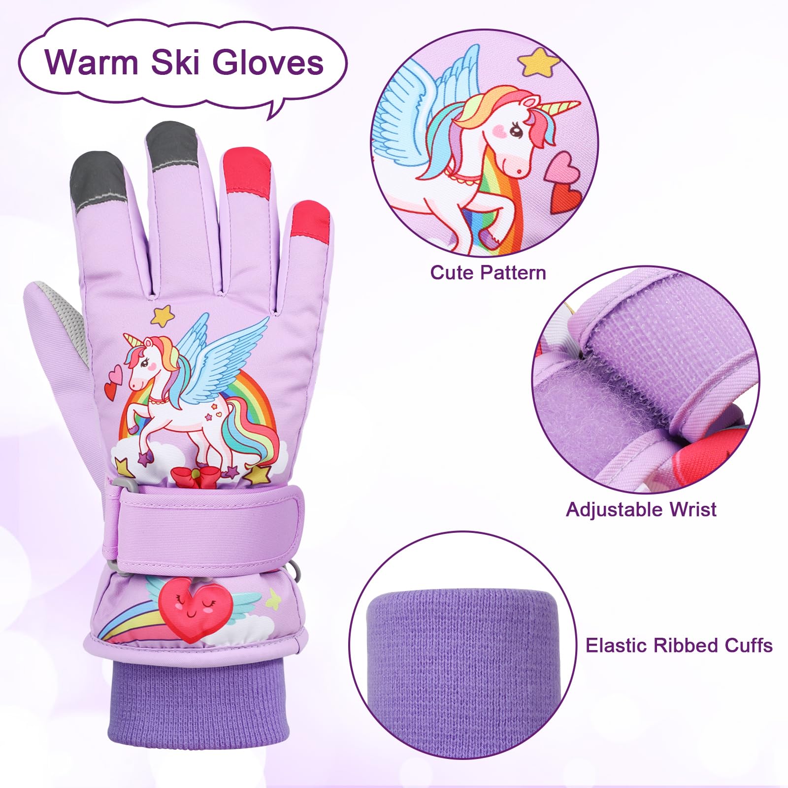 QKURT Kinder-Skihandschuhe, Dicke warme Winterhandschuhe, Winddichte Schneefäustlinge, Kinder-Einhorn-Skihandschuhe, Handschuhe für kaltes Wetter für 2–13 Jahre