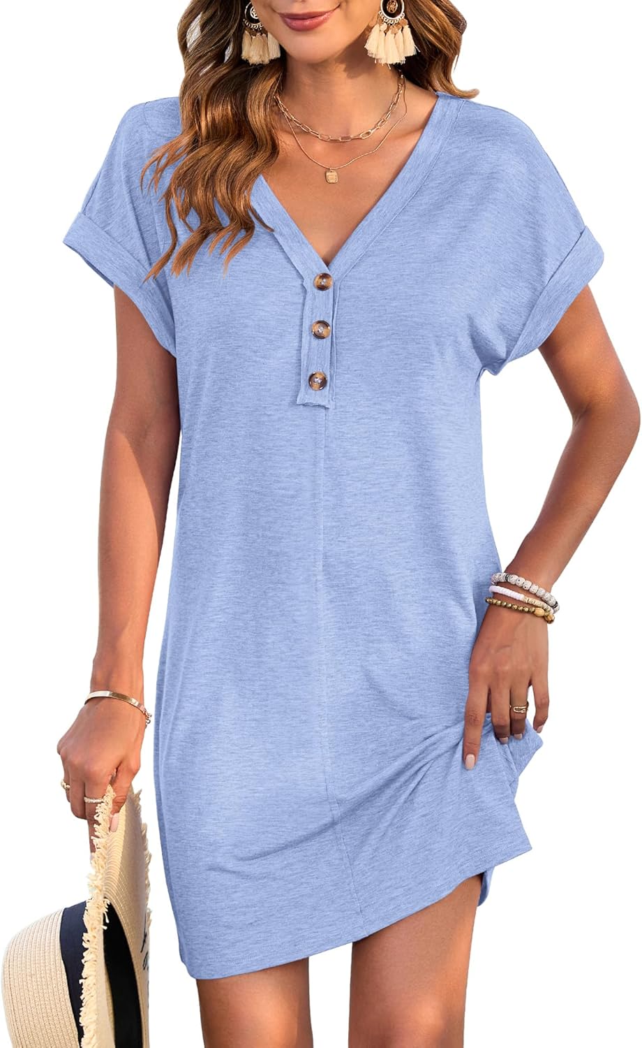 MOLERANI Women's Casual T Shirt V Neck Dress Mini Sundresses 2026 Summer Button Short Sleeve Dresses