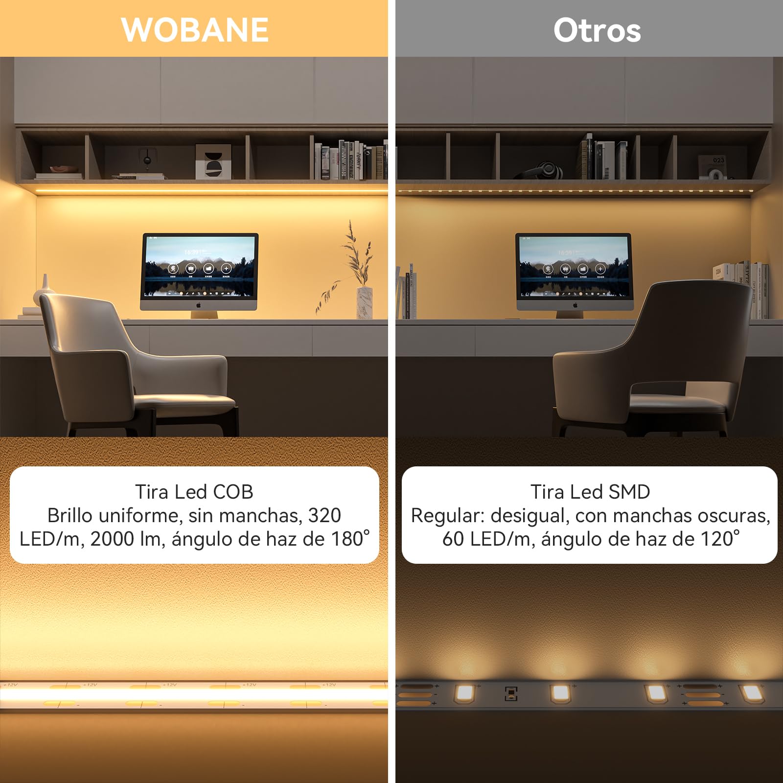 WOBANE Striscia LED COB 10 m 24 V, striscia LED dimmerabile con comando CRI 90+, strisce LED ad alta luminosità adesive con spina per cucina, camera da letto, scale, soggiorno, soffitto, bianco caldo