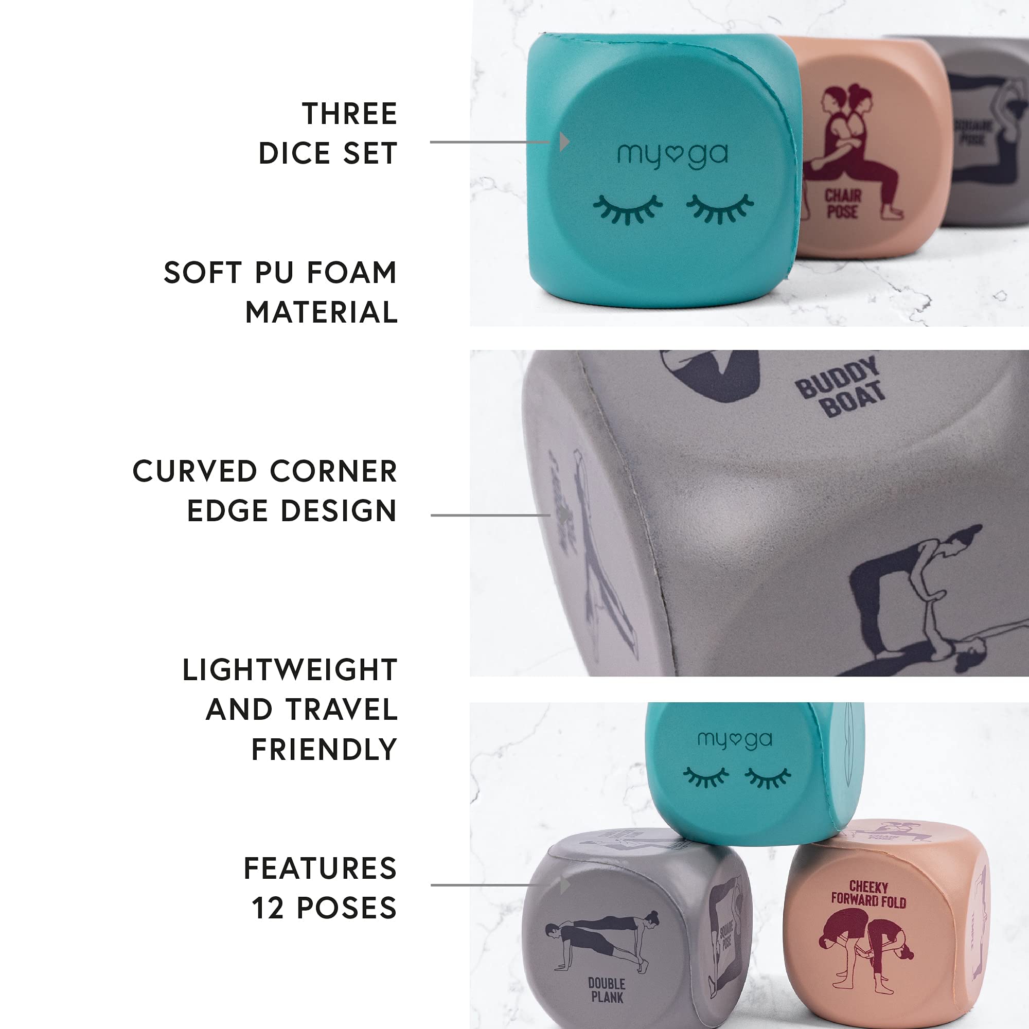 Myga Dadi Yoga - Set di 3 Dadi con Posizioni e Azioni Yoga Partner per Esercizio, Fitness e Allenamento Completo del Corpo (Adulti)(7x7x7 Centimetri)(Dadi Yoga Duo)