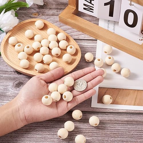 Miniatura 5 de 50 cuentas sueltas redondas de madera natural, estilo europeo, cuentas espaciadoras sin terminar, cuentas de agujero grande, cuentas de bolas de