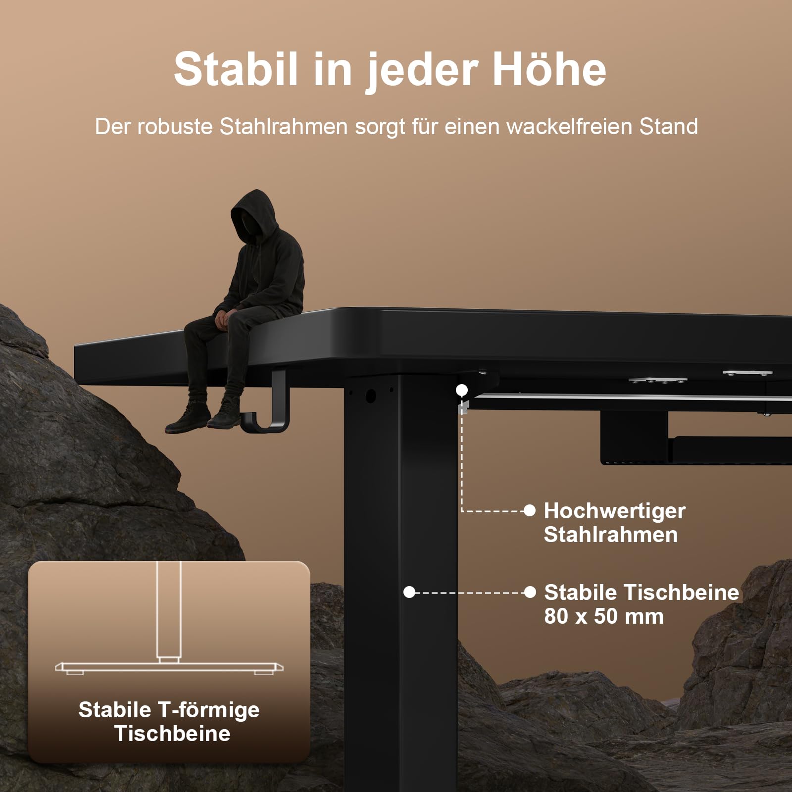 JUMMICO Höhenverstellbarer Schreibtisch 160 x 80 cm mit Kabelwanne, Höhenverstellbar Elektrisch Stehpult mit USB-Buchse, Computertisch, Ergonomischer Steh-Sitz Tisch, Bürotisch, Schwarz