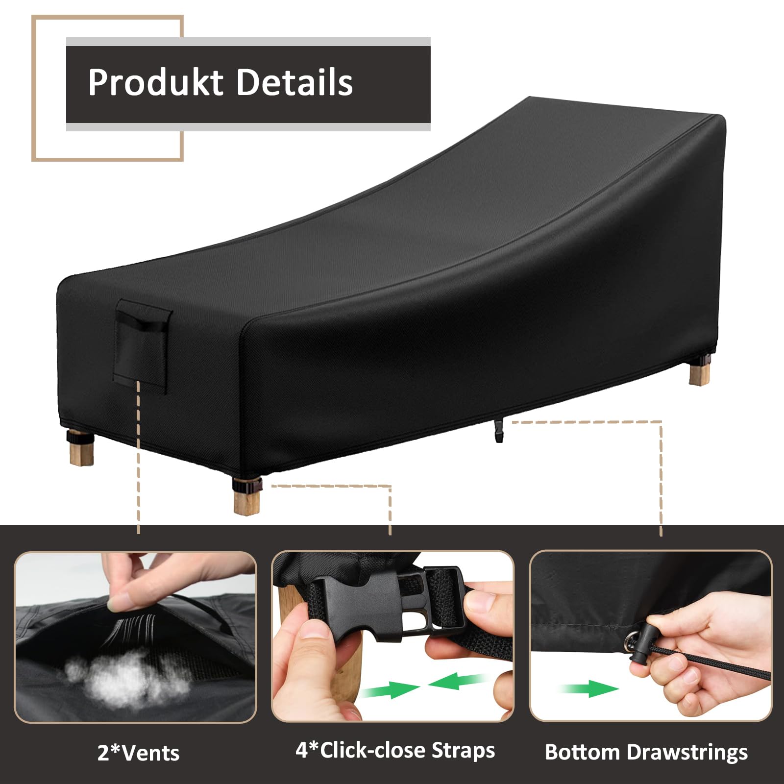 Housse Transat Jardin Exterieur, 600D Housse Transat Imperméable, Housse de Chaise Longue, Coupe-Vent, Anti-Pluie, Anti-Froid, Housse de Protection Bain de Soleil (210x80x45/75cm)
