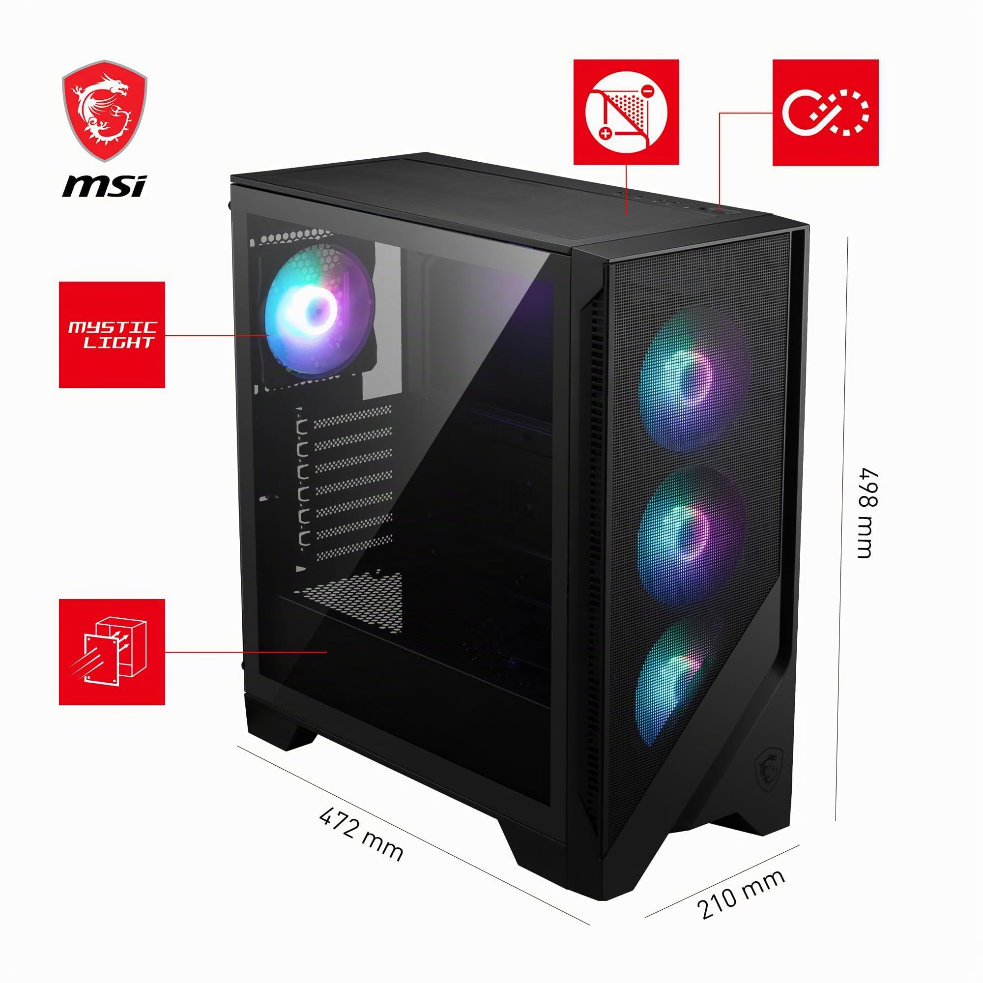 MSI MAG Forge 321R Airflow - Boîtier PC de Jeu de qualité supérieure - Panneau latéral en Verre trempé - Ventilateurs ARGB 120 mm - Support de Refroidissement Liquide jusqu'à 360 mm - Panneau Avant