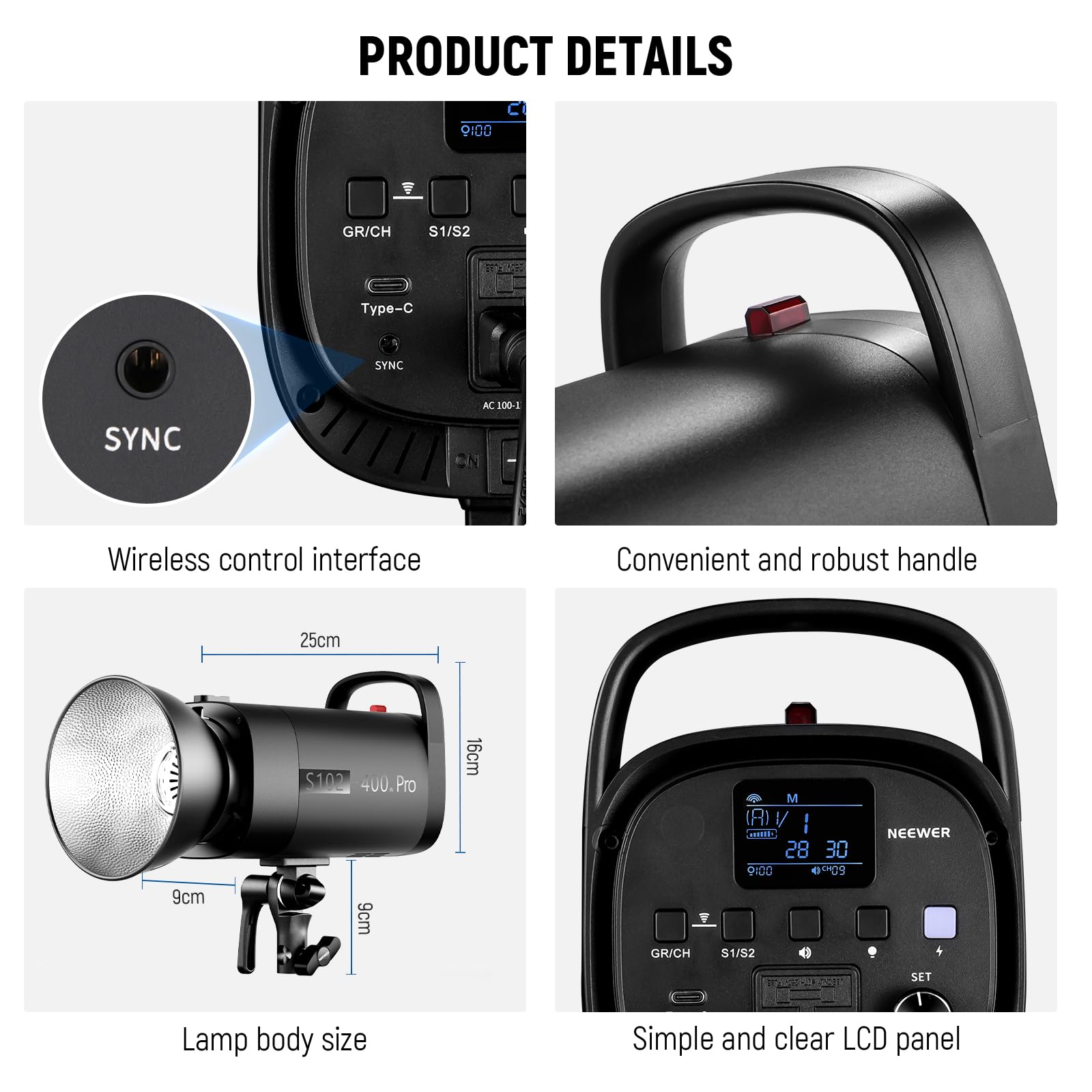NEEWER S102-400W PRO lampa błyskowa zestaw (2 sztuki) z 2 wyzwalaczami 2 x 2,4 G, 2 x statyw świetlny do zdjęć, 2 x softbox, reflektor 5 w 1, torba, 400 W, GN62 5600 K 30 W, lampa regulacyjna LED
