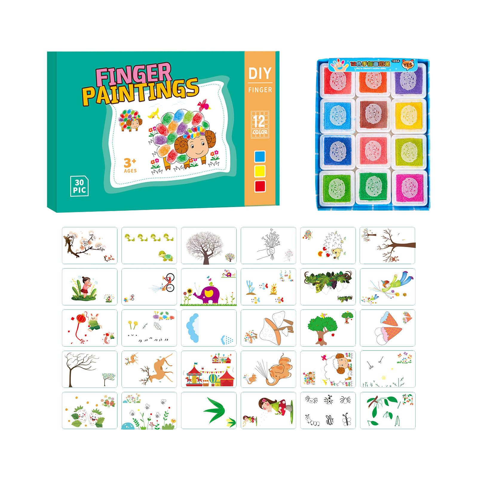 Ysguyyz Mess-Free Finger Paint Set for Preschoolers, 30 Drawing Cards + 12 Colors, Washable & Non-Toxic, Art Supplies for Kids DIY Crafts