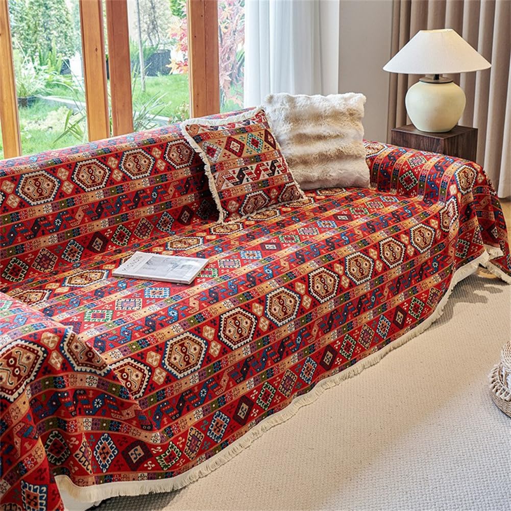 Morbuy Sofa Cover with Tassel for 1 2 3 4 Seater, Cotton Linen All-Season Protection AB Sided Throw Slipcover for Corner Sofa Couch Cover for Living Room (red boho,120x180cm)