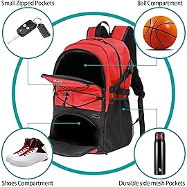 WOLT | Basketball Backpack Large Sports Bag with Separate Ball Holder & Shoes Compartment, Best for Basketball, Soccer, Volleyball, Swim, Gym, Travel(Red)