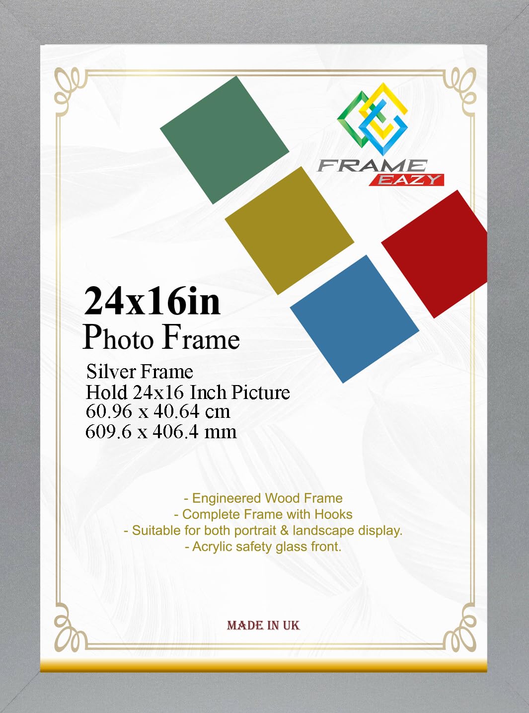 Modern Silver Frame 24 x 16 Inch (60.96 x 40.64cm) Large Picture Poster Frames with Safe Clear Perspex Front & Wall Mounting - Silver 16" x 24" Premium Wall Photo Frames