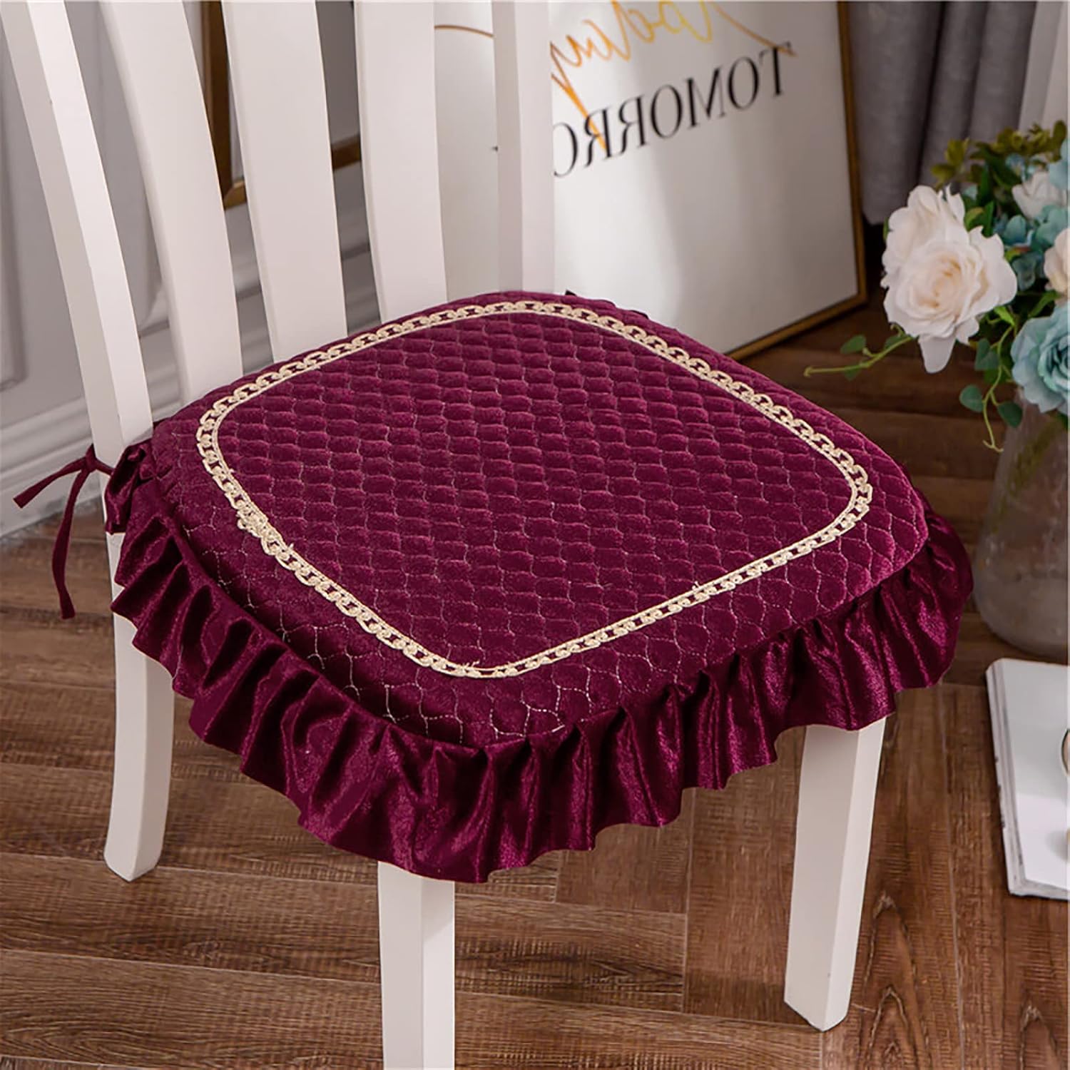 Dining Chair Cushion,Luxury Square Stool Cushion Cover for Home Decor Kitchen,Lace Ruffle Chair Pad Warm Velvet Seat Cushion with Ties-Red 42x45cm(17x18inch), ji41l-003