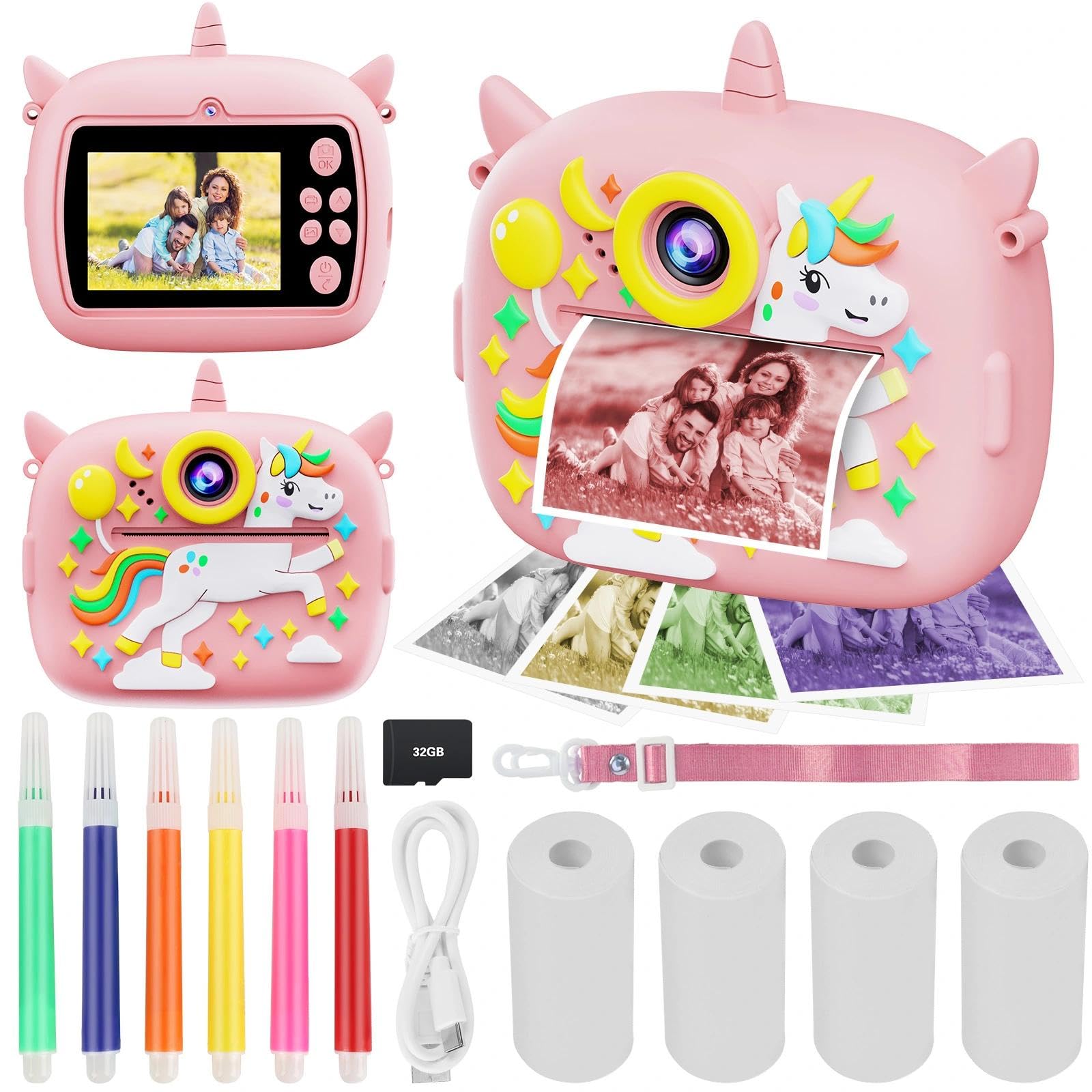 Appareil Photo Instantané, 2,4" Écran Appareil Photo Instantané Enfant a Carte 32G/4 Rouleaux Papier/6 Stylos Colorés, 1080P, pour Enfant 3-12Ans - Selfie/Photo(Rose)