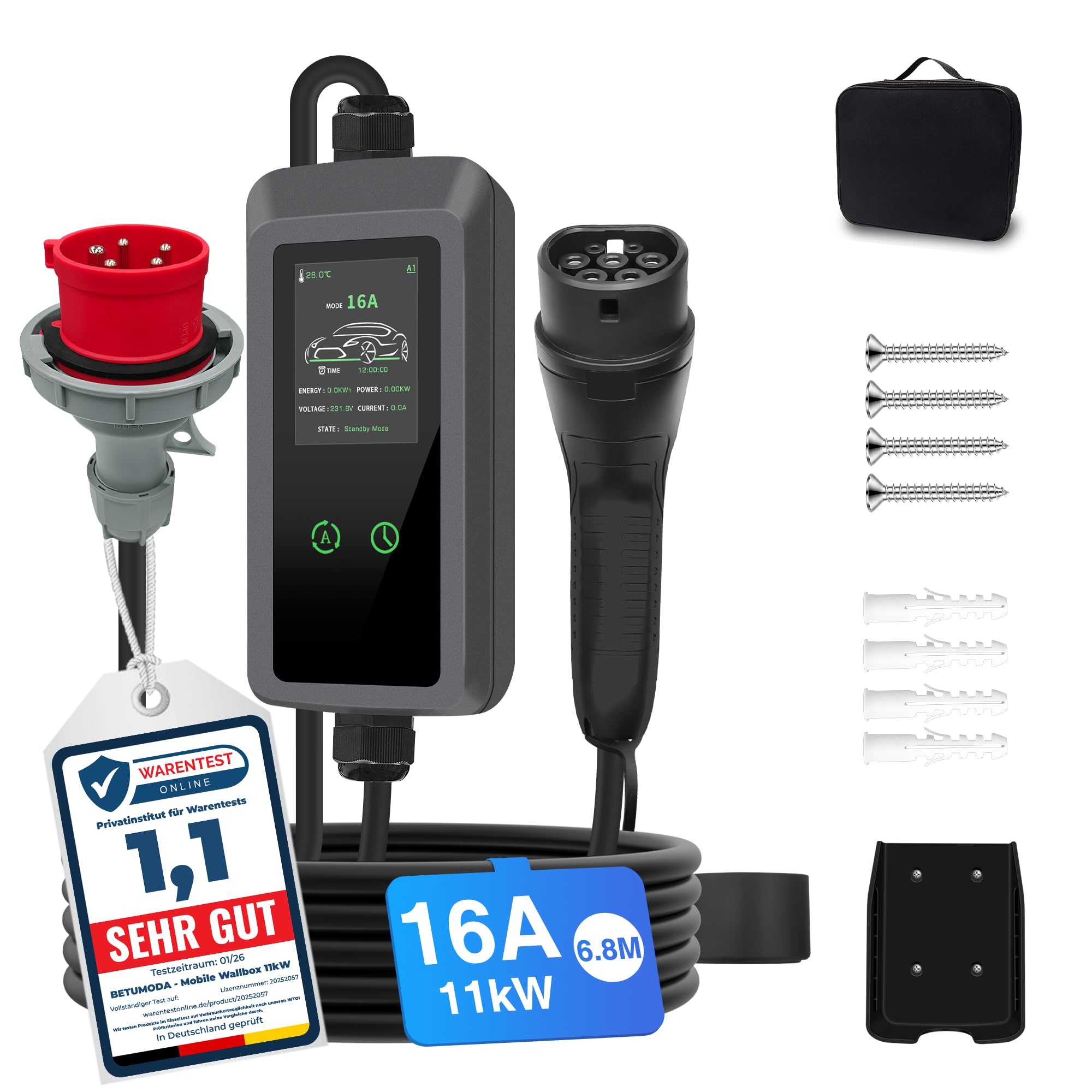 Mobile Wallbox 11kW, 6.8m, 3-phasig, 8–16A, für Allen EVs & PHEVS