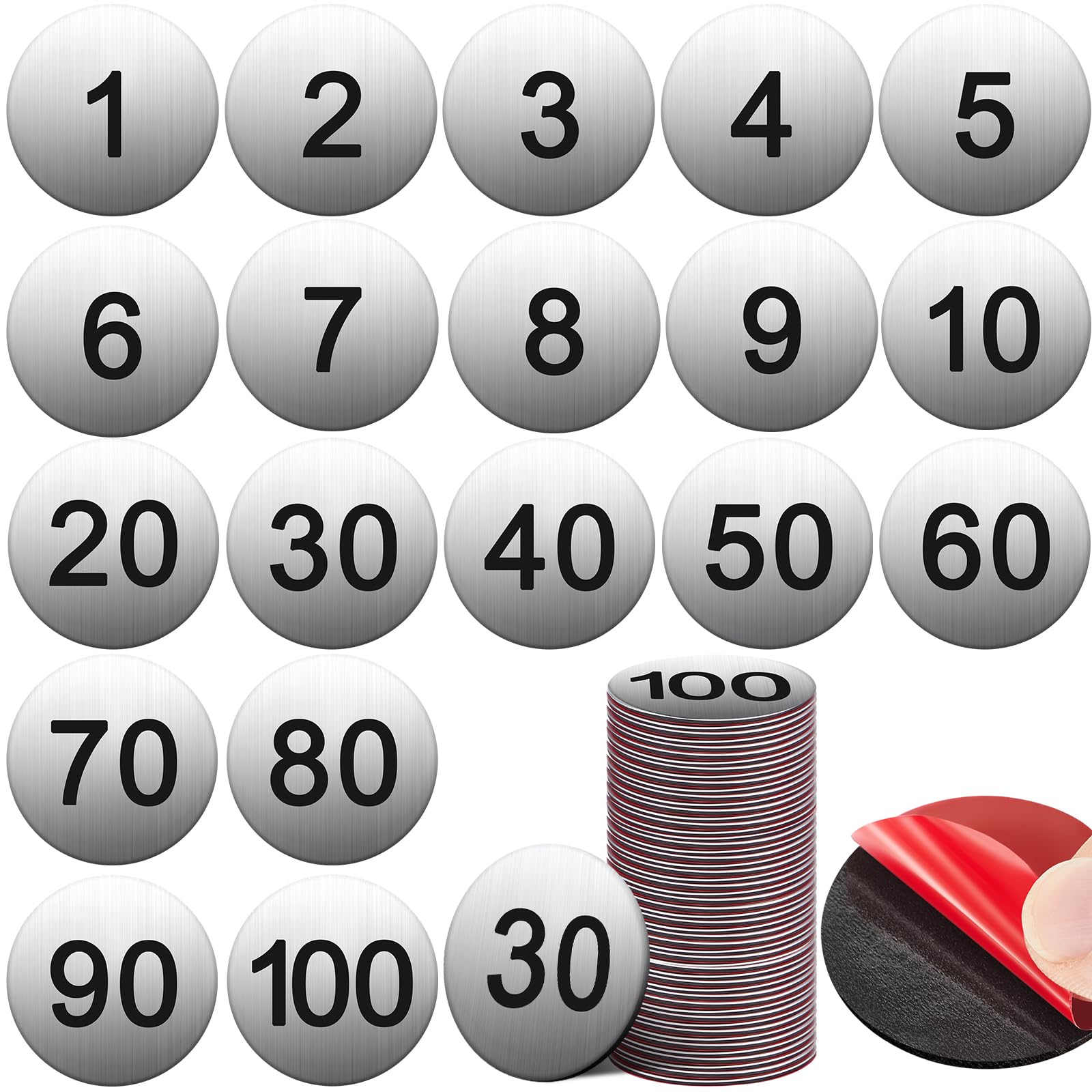 Yaocom 100 Pcs Aluminum Numbered Tags Metal Round Locker Number Tag 1-1/2 Inch Small Sticker Door Sign House Number Plates with Self-Adhesive Tape for