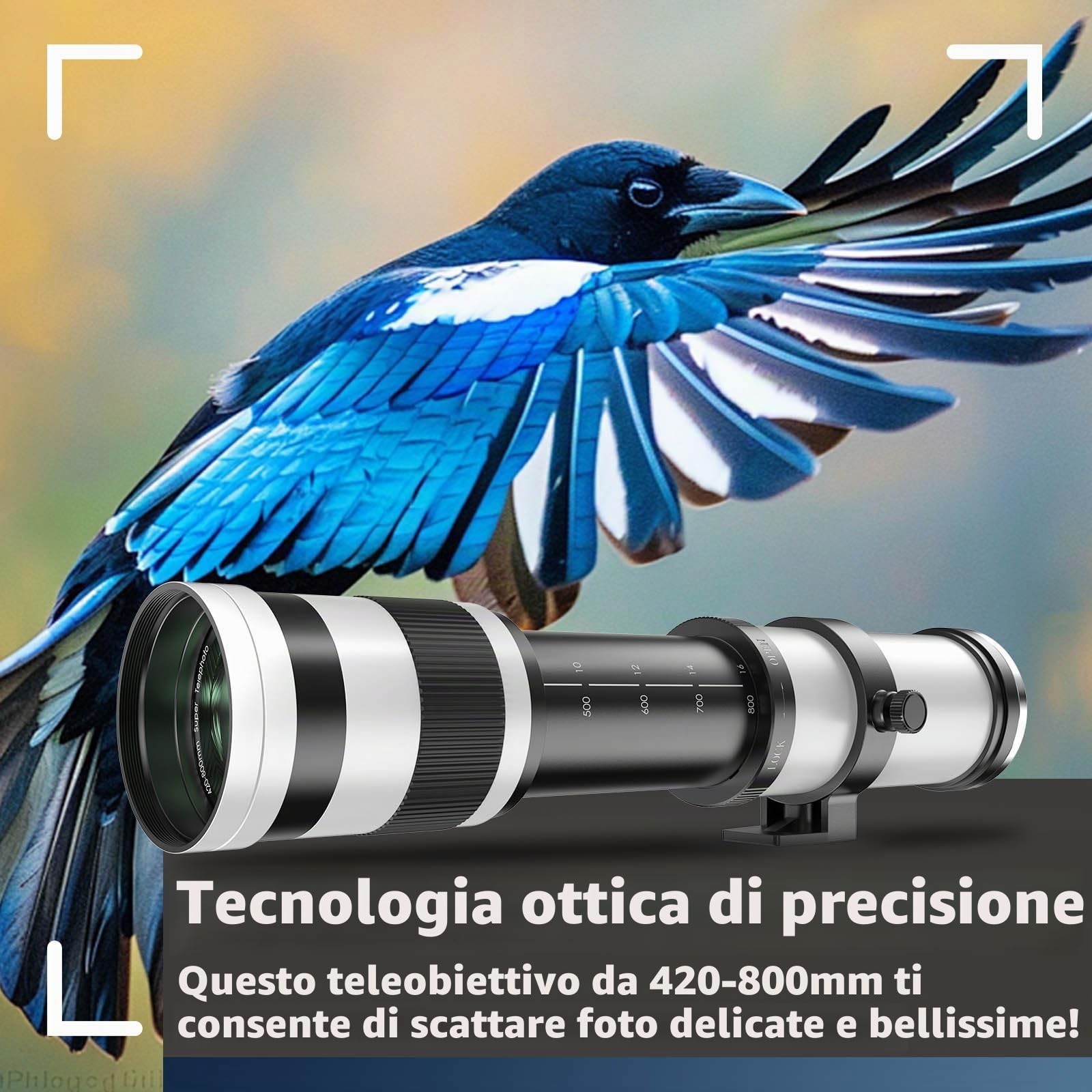 Super teleobiettivo 420 – 800 mm f/8.3 per Canon EF/EF-S – Obiettivo zoom manuale full frame per EOS 5D, 90D, 80D, 7D e serie Rebel Bianco