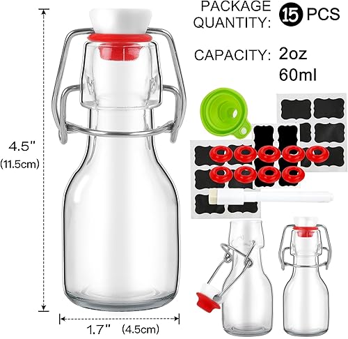 Miniatura 2 de Paquete de 15 botellas de vidrio con tapa abatible de 2 onzas, mini botellas de cerveza con tapas herméticas para elaboración casera, kombucha,