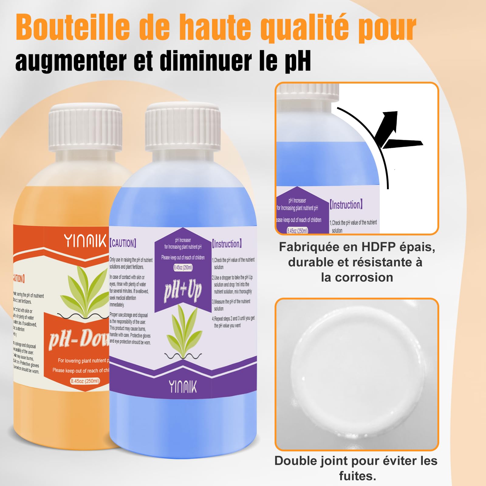 YINMIK Régulateur de pH Hydroponique Universel, Pack Régulateur PH UP & DOWN 250 ml, Augmente et Amincissant pH, Stabilise le pH et Convient à Tous Les Systèmes de Fertirrigation Hydroponique.