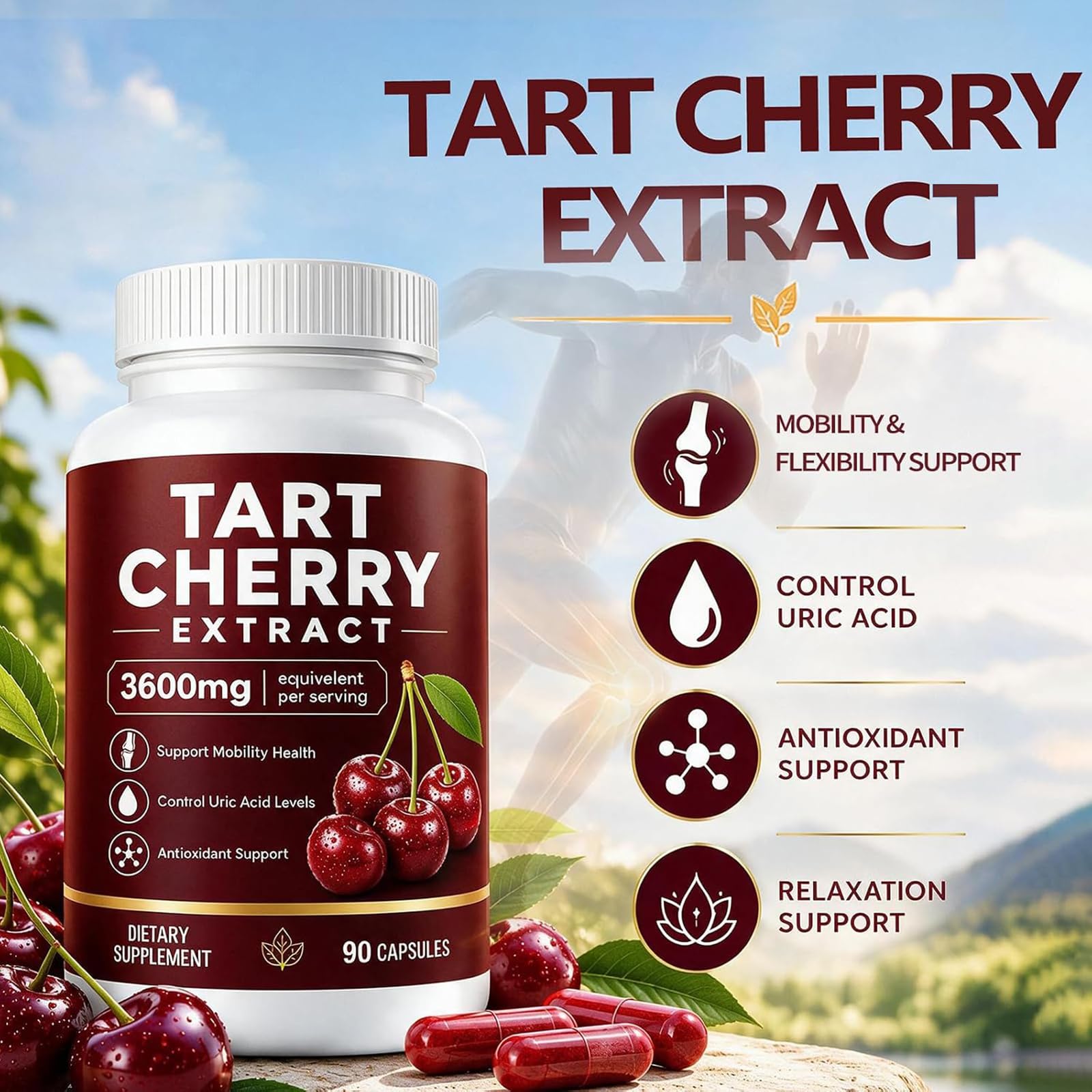 Tart Cherry Extract Capsules - Cold Pressed Tart Cherry Extract Supplement for Mobility & Flexibility Support, Natural Antioxidant Support for Active Lifestyles, 90 Count — Amazon image 2