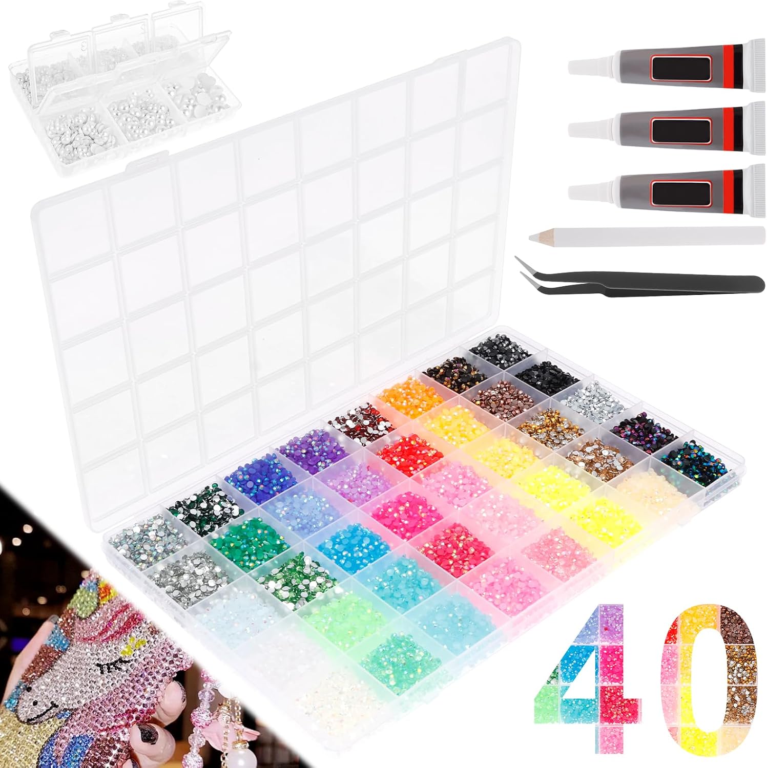 40 Colors Bedazzling Kit, 3mm 32000 Jelly Rhinestone and 3600 White Half Round Pearl Bedazzle Kit for Decorating Shoe Clothes Nail Art(Colour)
