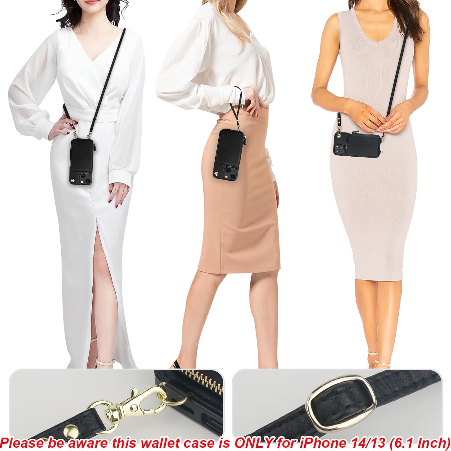 Bocasal for MagSafe Crossbody Wallet Case Compatible with iPhone 14 iPhone 13, RFID Blocking Protective Purse Case with Card Slots Holder Kickstand Wrist Strap Lanyard Zipper 6.1 Inch 5G (Black) - Image 6