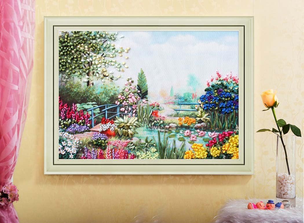 Aureate Handmade Ribbon Embroidery Kits Canvas 3D Wall Art Home Decoration DIY Needlepoint Tapestry Hanging Gift Paradise Blossom 31"×24"