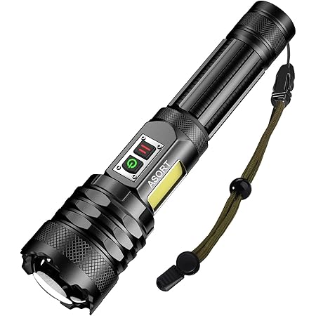 ASORT led taschenlampe 30000 Lumen extrem hell, mit COB Seitenlicht, Type-C Aufladbar, IPX67 Wasserdicht,Taktische 9 Lichtmodi, mit Magnet für Camping Wandern Notfälle