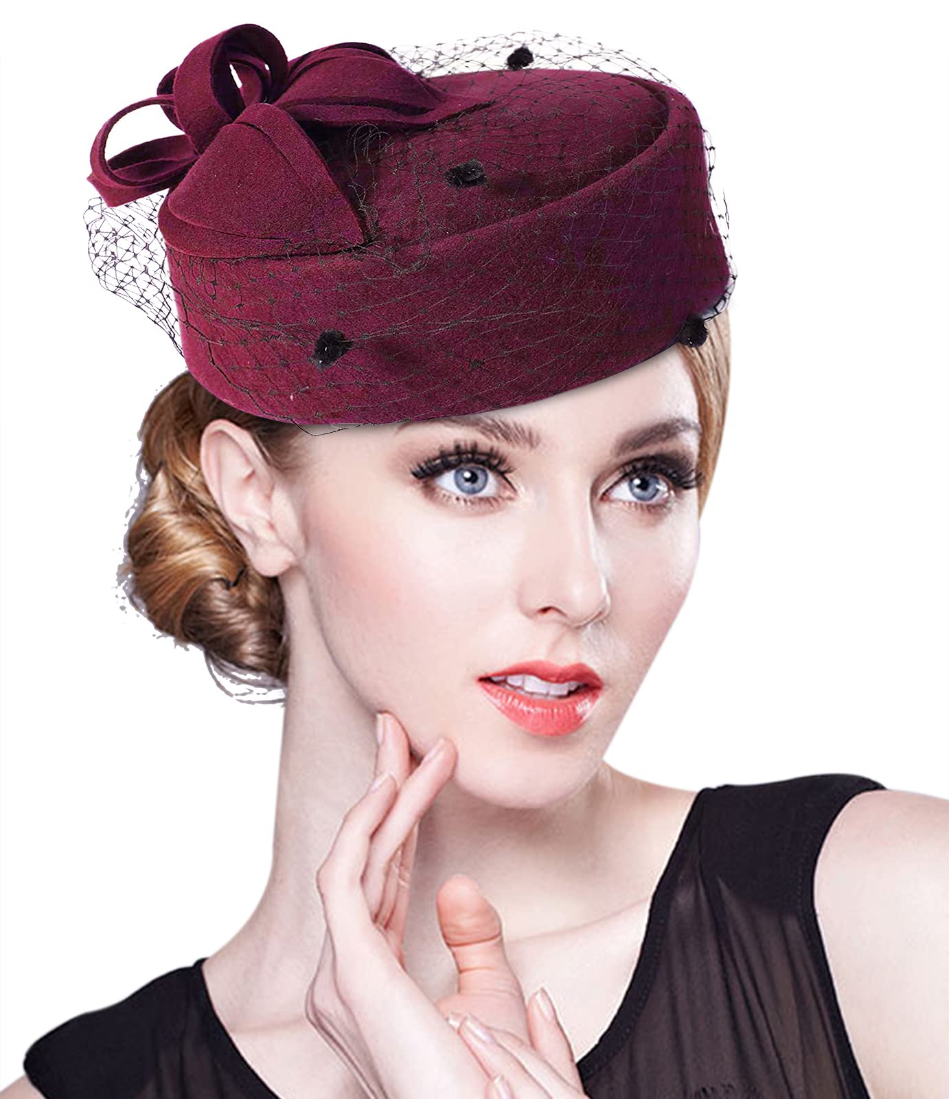 Z&X Women's Wool Fascinator Winter British Retro Pillbox Hat Wool Felt Church Wedding Cocktail Hat Veil Flower Fedoras Wine Red